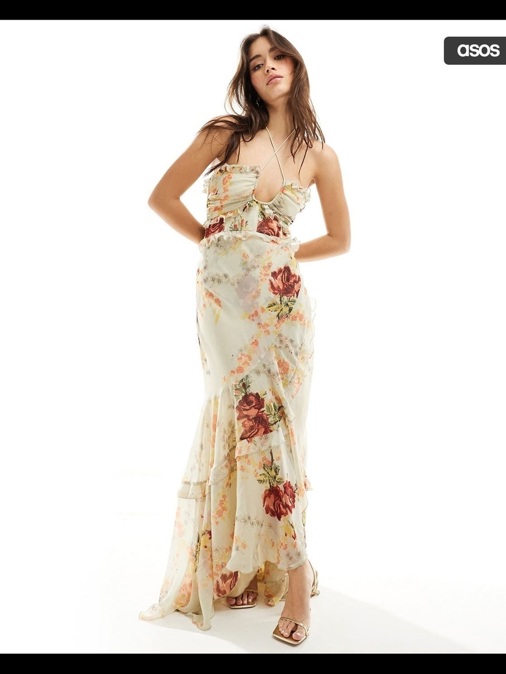 NWOT ASOS Floral Chiffon Maxi Dress in Ivory with Rose Print